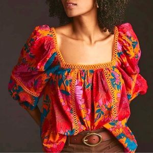 Anthropologie Red and Blue Floral Top